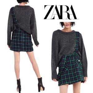 Zara, Plaid Pinafore Fringe Tweed Overall Skirt Dress, Navy, Green, Red